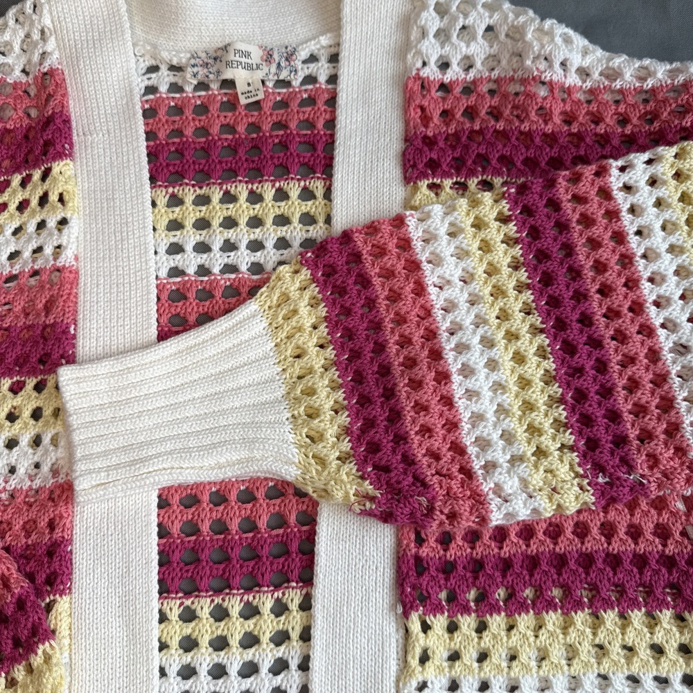 Pink Republic Woman's Size S Ivory Pink‎ Striped Open Cardigan Sweater